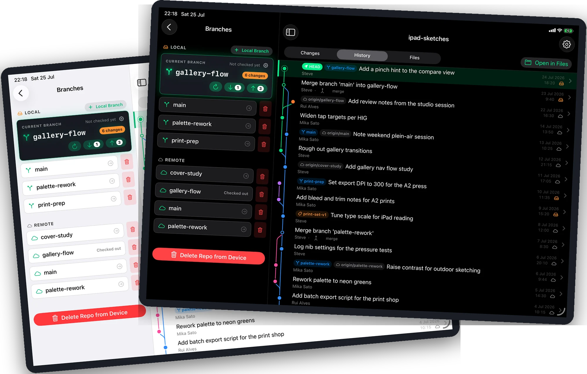 Two iPads angled behind one another: the one behind in light appearance showing the branches sidebar, the one in front in dark appearance showing the full history graph.