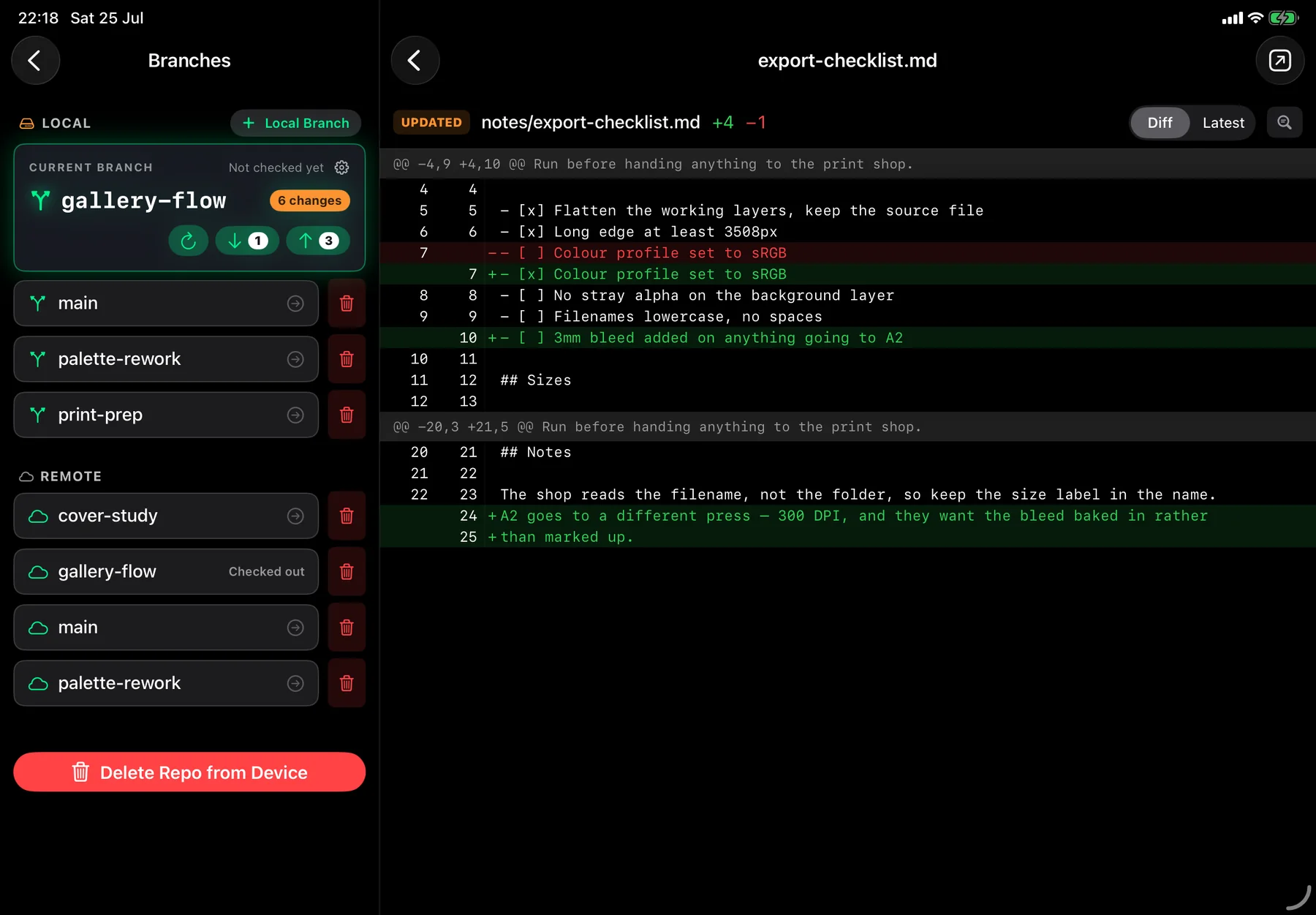iPad showing a file’s changes: added lines in green, removed lines in red, untouched lines plain between them.