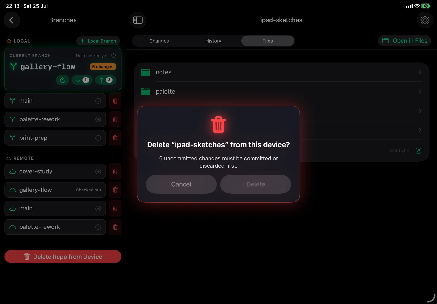 iPad delete-repository dialog with Confirm Delete greyed out and a message saying six uncommitted changes must be committed or discarded first.