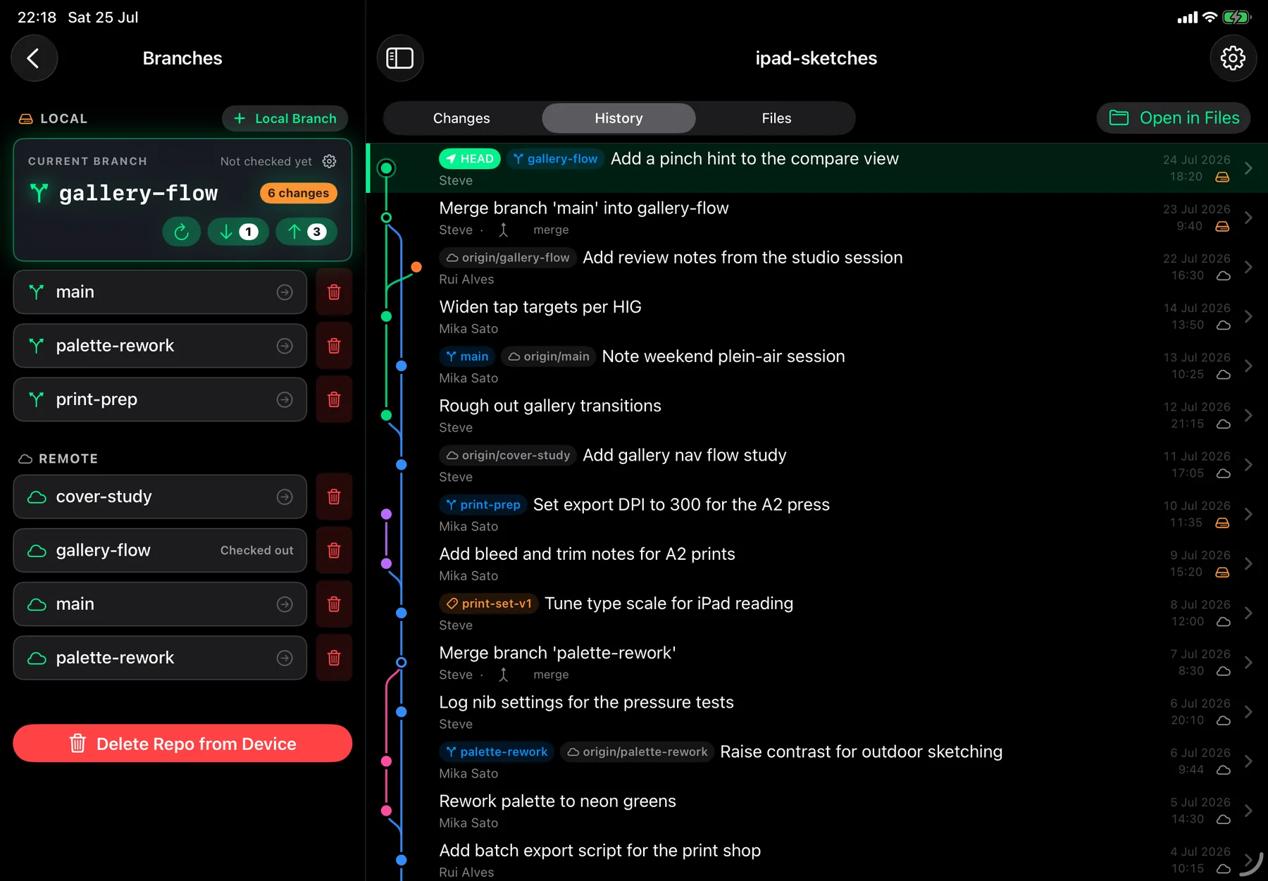 Git on the Go on iPad: a branches sidebar with a glowing current-branch card next to a colour-coded commit graph with merge curves, branch chips and authors.